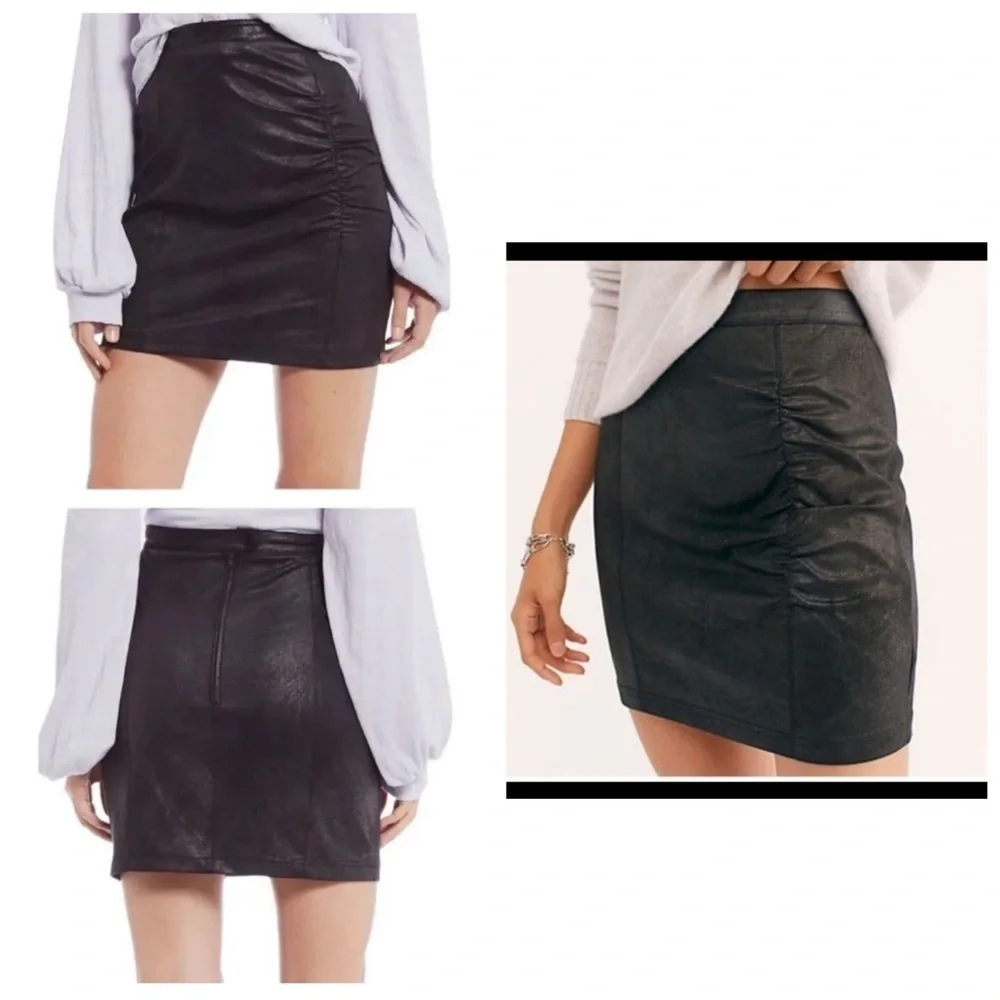 Free People Anthropologie Rumi Ruched Faux Suede Mini Skirt Black Size XSmall